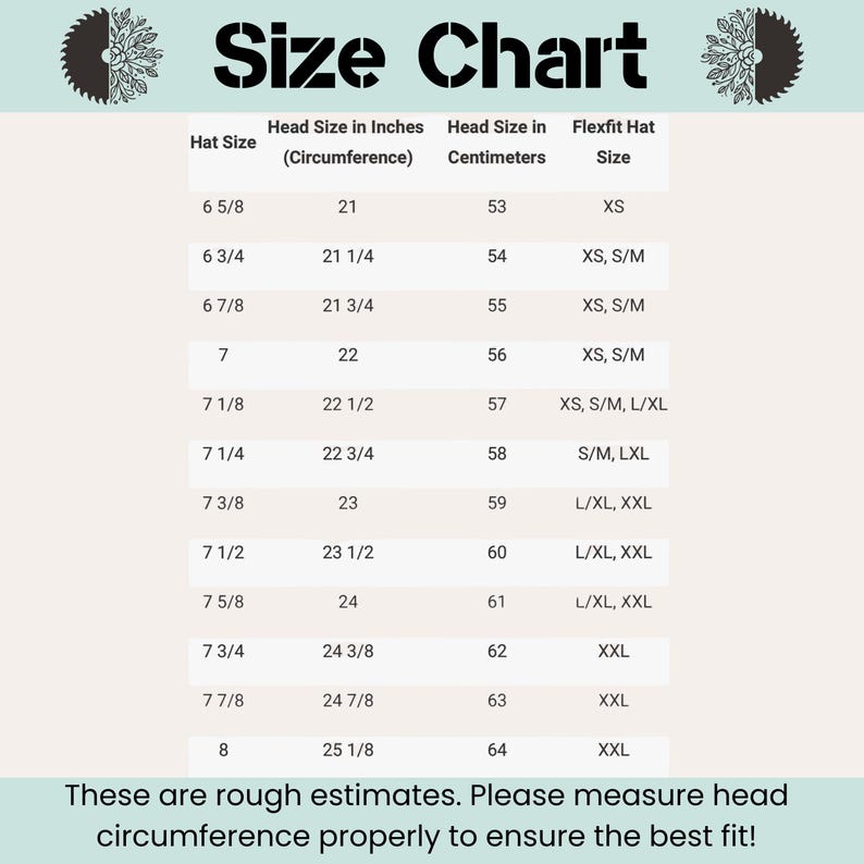 May include: A hat size chart displaying head measurements in inches and centimetres. The chart lists hat sizes, head circumference in inches, head circumference in centimetres, and Flexfit hat sizes. The text at the bottom reads, "These are rough estimates."
