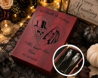 Personalized Skull Wedding Champagne Glass Set, Gothic Bride & Groom Toasting Glasses, Halloween Wedding Gift Box