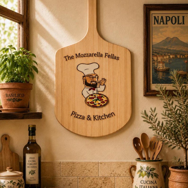 May include: A light-colored wooden pizza peel featuring a graphic of a chef with a beard and hat holding a pizza. The text reads The Mozzarella Fellas Pizza & Kitchen. The peel is mounted on a wall between a potted basil plant and a framed picture.