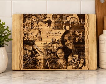 Personalized Photo Cutting Board, Custom Family Collage Cutting Board, Engraved Bamboo Board, Anniversary Gift, Gift for Mom