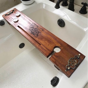 Bath Tray, Bath Caddy, Mothers Day Dock, 5 Year Anniversary Gift Idea, Rustic Bathroom Decor, Bath Docking Station, Wine Glass Holder image 1