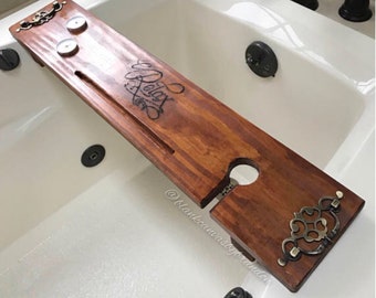 Bath Caddy, Bath Tray, Wine Holder, Rustic Bathroom Decor, Bath Docking Station, Wine Holder, 5th Year Anniversary Gift, Gift for Her