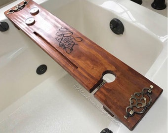 Bath Tray, Bath Caddy, Mothers Day Dock, 5 Year Anniversary Gift Idea, Rustic Bathroom Decor, Bath Docking Station, Wine Glass Holder