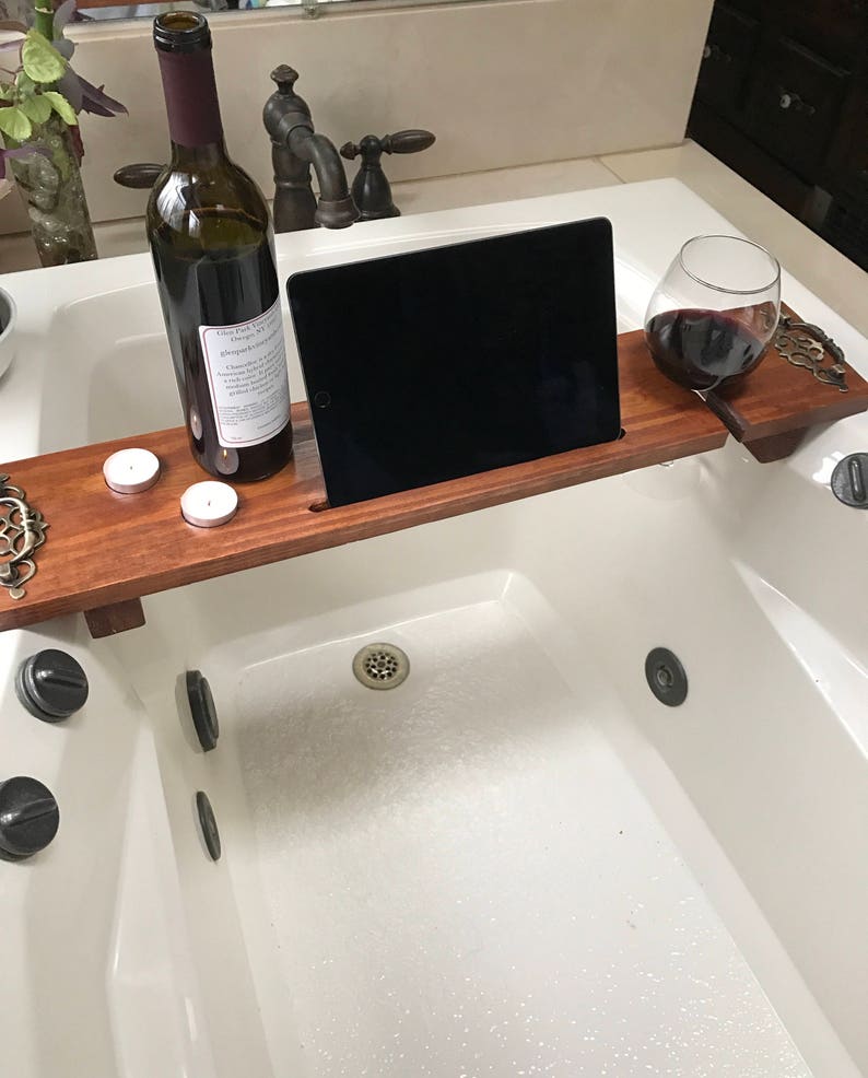 Bath Tray, Bath Caddy, Mothers Day Dock, 5 Year Anniversary Gift Idea, Rustic Bathroom Decor, Bath Docking Station, Wine Glass Holder image 9