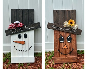 Reversible Scarecrow Snowman, Fall Decorations, Porch Decor, Fall Decorations, Winter Decorations, Reversible Porch Sign, Happy Fall Y'all