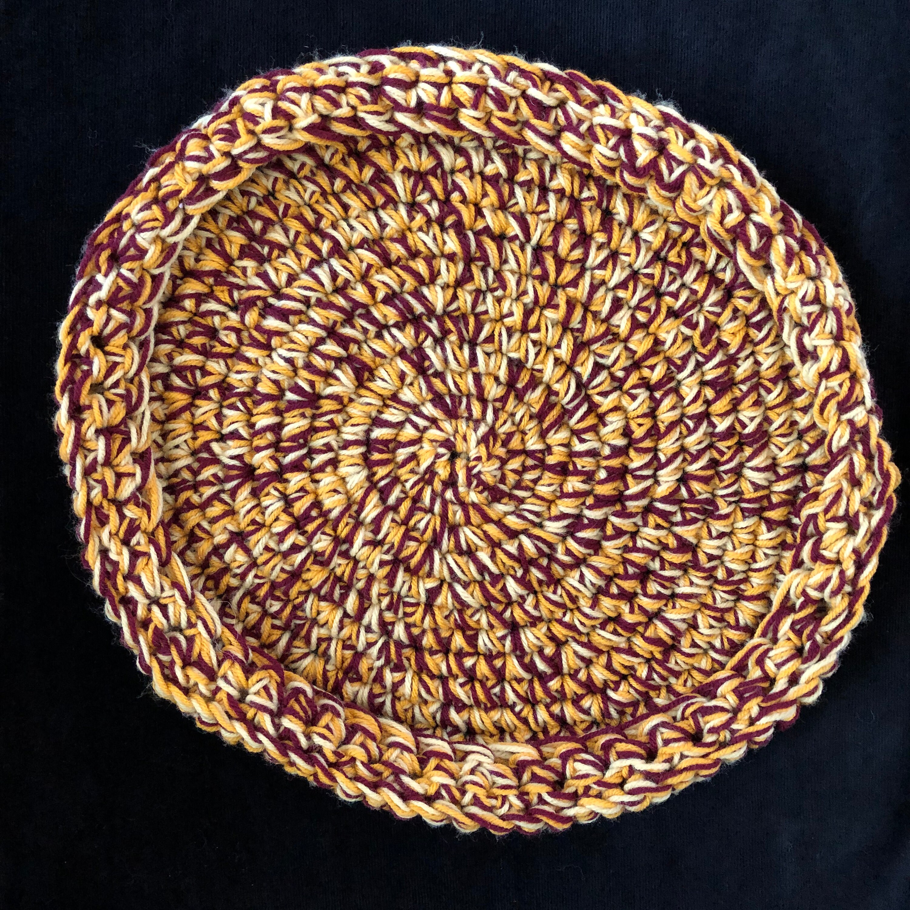 Knitted Cat Bed (Maroon, gold, and cream)
