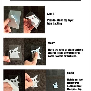 May include: A three-step guide on how to apply a vinyl decal. The guide shows a hand peeling the decal from the backing, placing the decal on a surface, and using a scraper to smooth out the decal.