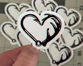Heart Antler Fishing Hook Sticker: Waterproof Vinyl Die Cut Sticker