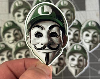 Anonymous Luigi Guy Fawkes Mask Vinyl Sticker Gaming Parody Political Humor Waterproof Car Laptop