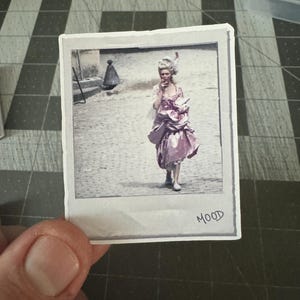 May include: A vintage-style photo of a woman in a pink dress with a white feather in her hair. The photo is printed on a white background with the word "MOOD" written in black ink at the bottom.