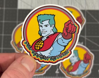Captain Planet Die Cut Sticker Stop Trashing the Planet Funny Eco 90s Cartoon Nostalgia Waterproof Vinyl Sticker