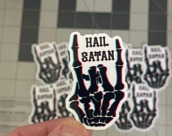 Hail Satan Skeleton Hand Sticker Dark Humor Occult Parody Vinyl Die Cut Sticker
