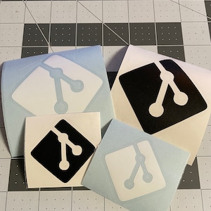 May include: Four stickers with a white background and a black or white version of the Git logo. The logo is a stylized representation of a branching tree.