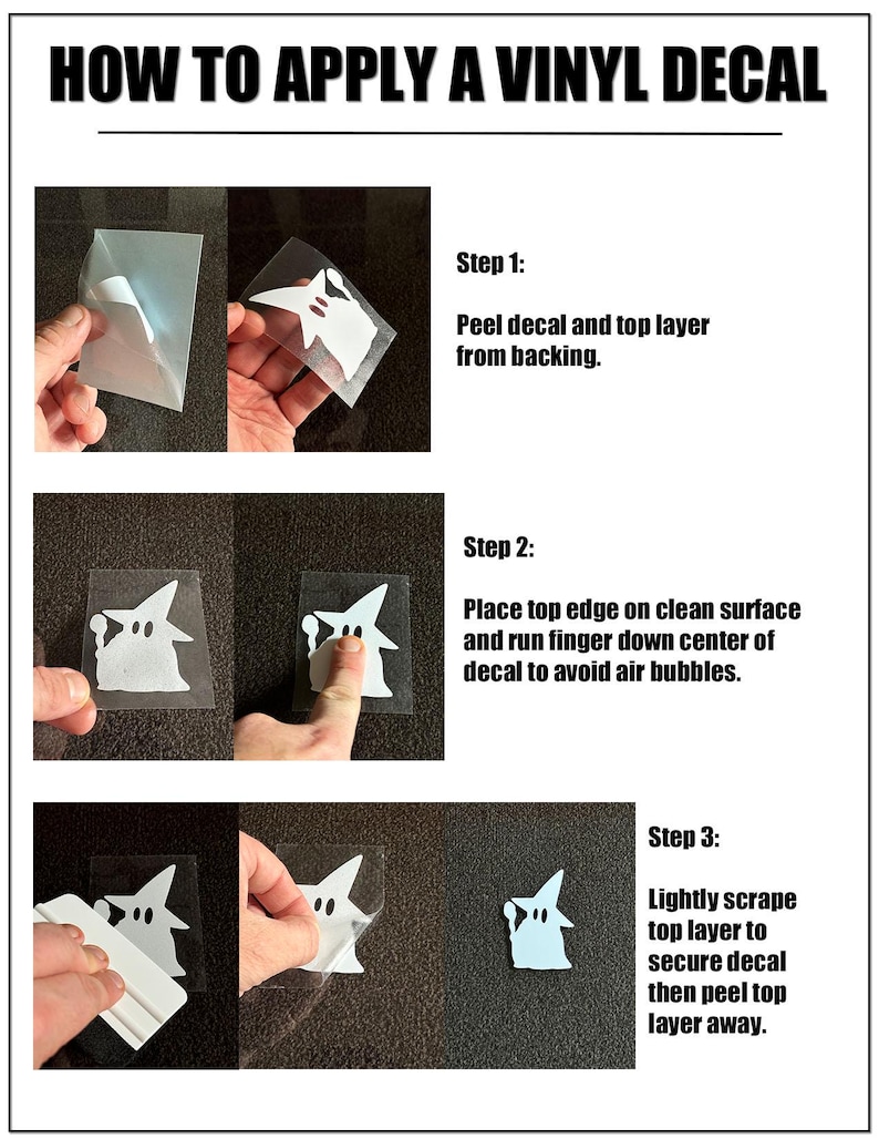 Easy-to-apply three-part vinyl decal with backing and transfer layer for clean placement.