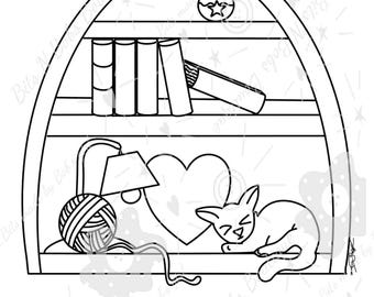 Coloring Page: Cutie shelf with kitty friend (PDF Download)