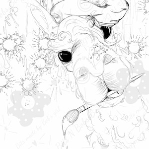 May include: A black and white line drawing of a llama wearing a sailor hat and holding a paintbrush. The llama is surrounded by paint splatters and stars. The text "Bits made by Babygirl" is visible in the bottom left corner.