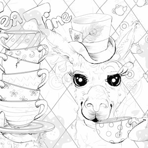 Puede incluir: Un dibujo en blanco y negro de una llama con un sombrero de copa y sosteniendo una taza de té. La llama tiene ojos grandes y una expresión amigable. El texto "Tea Time" está escrito encima de la llama.