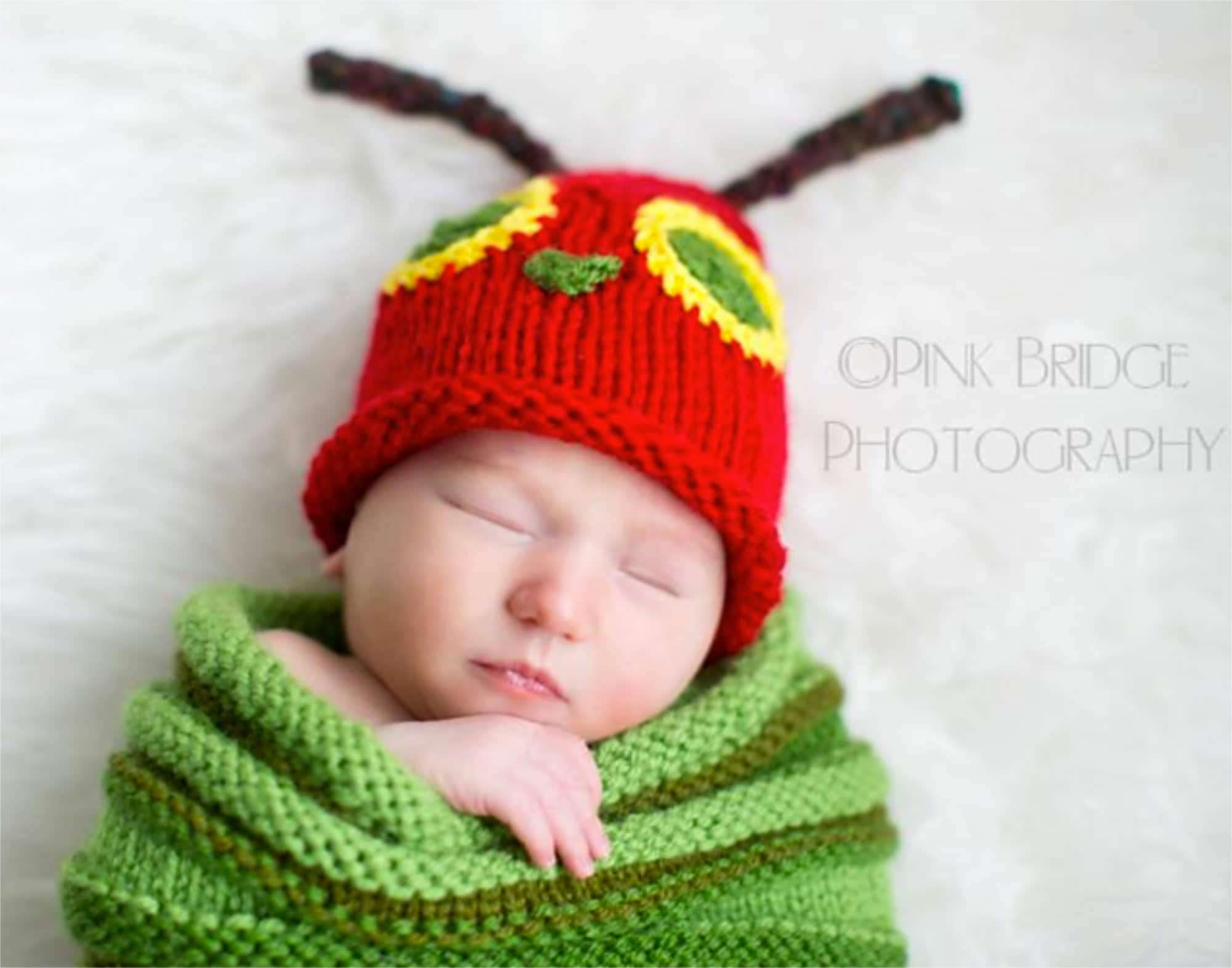 Very Hungry Caterpillar Baby Swaddle Sack and Hat Easy Knit Pattern