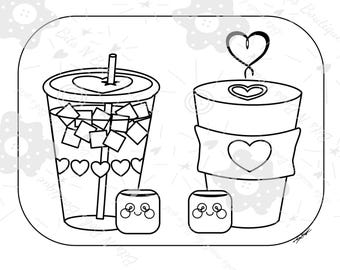 Coloring Page: Travel cups and marshmallow friends (PDF Download)