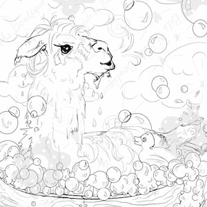 May include: A black and white line drawing of a llama taking a bath in a tub full of bubbles. The llama is smiling and has a relaxed expression. There are many bubbles around the llama and the tub.