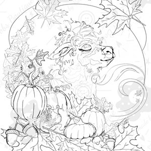 Op de afbeelding: Een zwart-witte lijntekening van een schattig lama met pompoenen en herfstbladeren. De lama kijkt naar rechts en heeft een krullende manen. De pompoenen zijn in verschillende maten en zijn omringd door bladeren. Er liggen eikels op de grond.