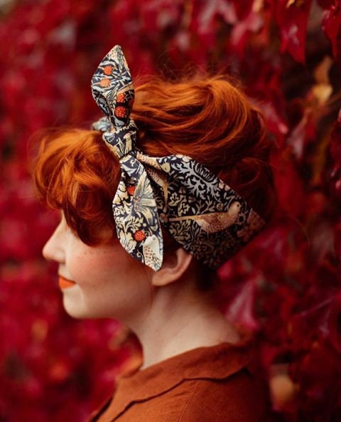 William Morris headband, "Strawberry Thief" knotted headband, wide hair band, hair accessory, Headwrap Narrow Scarf Handbag Scarf