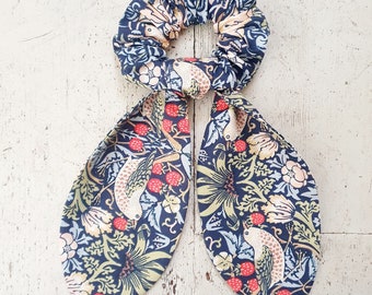 William Morris, Blue Strawberry Thief, Handmade Scrunchie, Scarf Bow Scrunchie, Floral Scrunchie, Hairband, Hair Tie, Ethical Hair accessory