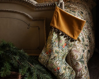 William Morris Golden Lily Christmas Stocking, Handmade Velvet Holiday Decor, Heirloom Fireplace Gift