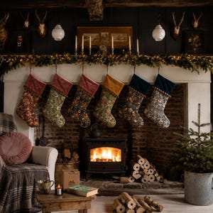 Può includere: Una scena natalizia accogliente con un camino adornato da sei calze decorate. Un piccolo albero di Natale in un secchio di metallo e un fuoco acceso creano un'atmosfera festosa. Sono visibili anche tronchi e una coperta a quadri.