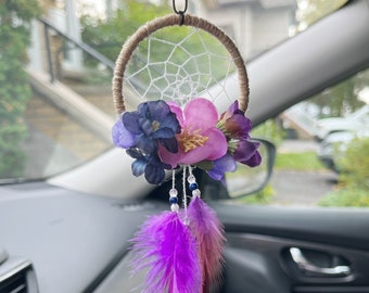 Atrapasueños floral morado para espejo retrovisor, bonito atrapasueños para coche, colgante para retrovisor, ideal para mujeres, niñas y adolescentes. Ideas de regalo.