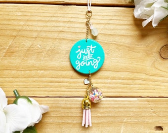 Just Keep Going Confetti Car Charm, Rearview Mirror Hanger, Car Accessories for Women, Girls, Teens, Inspirational Quote, Motivational