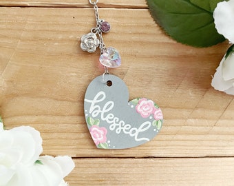 Blessed Car Mirror Hanging, Heart Car Charm, Interior Vehicle Accessories for Women, Mom, Mother, Mama, Religious, Christian