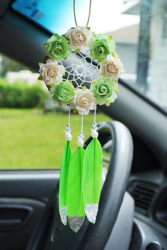 Dream Catcher for Rear View Mirror, Green Car Accessories, Rearview  Charm, Ornament, Flower Dreamcatcher, Gift For Her, For Women
