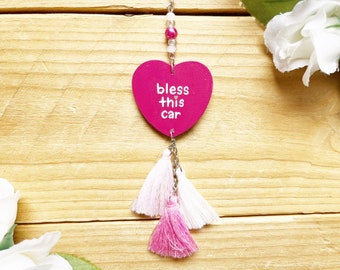 Bless This Car Pink Rear View Mirror Charm, Vehicle Accessories for Teens, Girls, Best Friend, Rearview Hanger, Religious, Christian