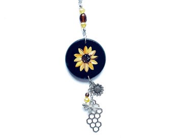 Dije de girasol pintado a mano para coche, colgador de espejo retrovisor con forma de panal de abeja