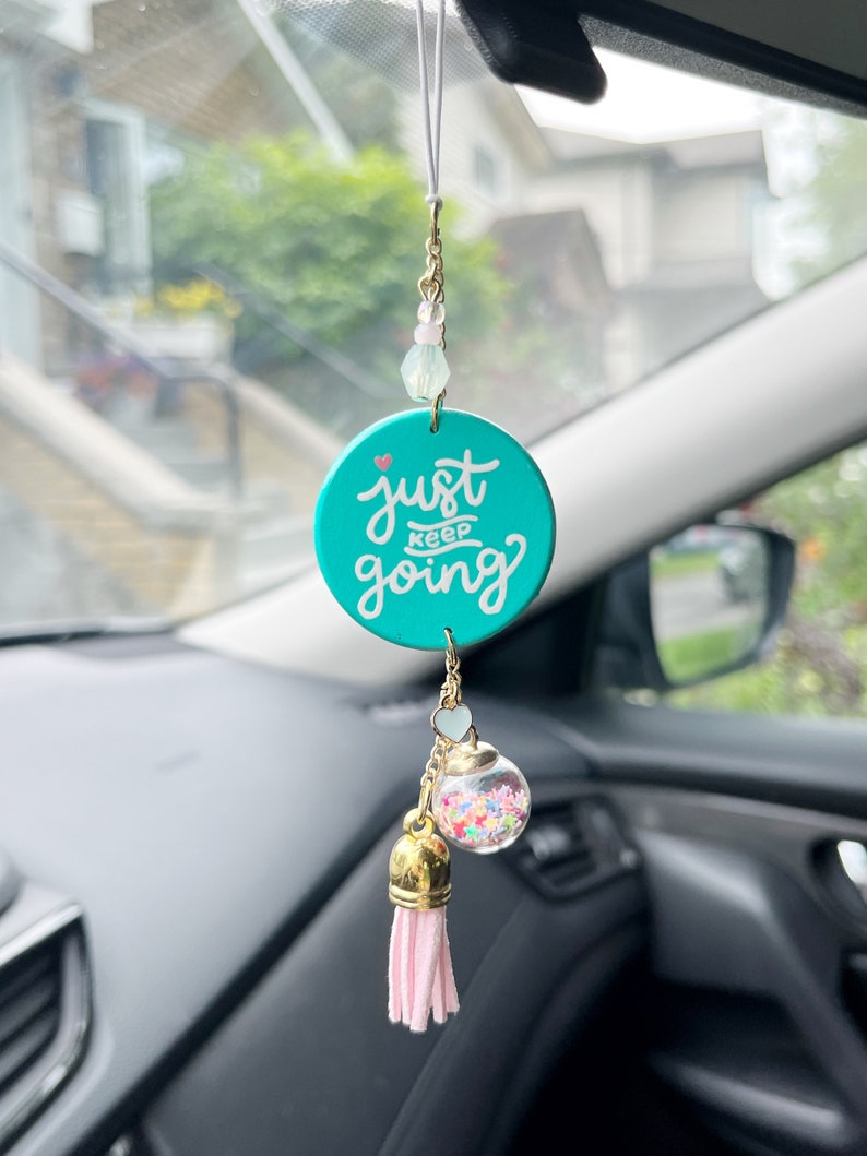 Just Keep Going Confetti Car Charm, Rearview Mirror Hanger, Car Accessories for Women, Girls, Teens, Inspirational Quote, Motivational image 2