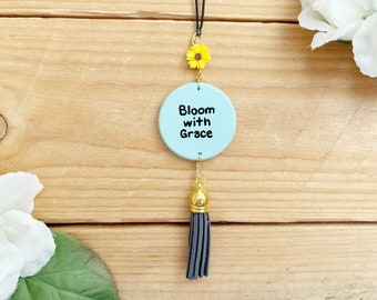 Bloom With Grace Sunflower Car Mirror Charm, Vehicle Accessories, Rearview Mirror Hanger, Inspirational Quote, New Job, Moving Away Gifts