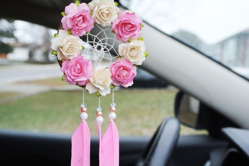 Rear View Mirror Dream Catchers Pink Dreamcatcher Car Etsy
