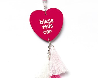 Dije rosa para espejo retrovisor "Bless This Car", accesorio para adolescentes, niñas y mejores amigas, para colgar en el retrovisor, religioso y cristiano.