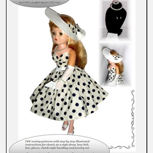 May include: A sewing pattern for a 20-inch vintage doll, featuring a white dress with black polka dots, a white hat with a black polka dot bow, white gloves, and a pearl necklace and earrings. The pattern includes instructions for a classic 50s-style dress, bow belt, hat, gloves, clutch-style handbag, and jewelry set.