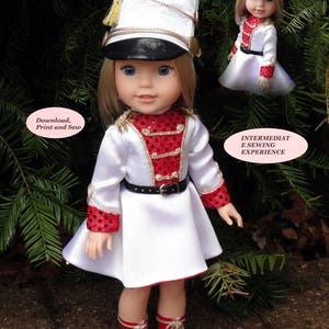 May include: PDF sewing patterns for a majorette dress, hat, and boots for a 14.5 inch Wellie Wishers American Girl doll. The pattern includes step-by-step illustrated instructions in English.  Download, Print and Sew.  Intermediate Sewing Experience.