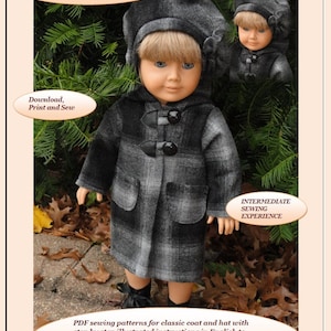 May include: A sewing pattern for a classic coat and hat for an 18-inch American Girl doll. The pattern is for an intermediate sewing experience. The image shows a doll wearing the finished coat and hat. The text "Download, Print and Sew" and "AG-16" are visible in the image.