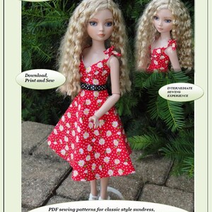 May include: A red and white floral sundress with a black ribbon belt, designed for a 16-inch doll. The doll is wearing the dress and has blonde curly hair. The image includes the text "NVME sewing patterns for 16" Ellowyne Doll", "Download, Print and Sew", "ELL-7", "INTERMEDIATE SEWING EXPERIENCE", and "PDF sewing patterns for classic style sundress, ribbon belt and gloves with step by step illustrated instructions in English to help you through the sewing process."