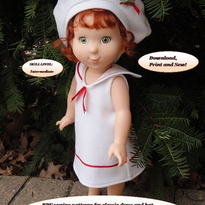 Puede incluir: Un patrón de costura para un vestido y un sombrero blancos para una muñeca de 45,7 cm. El patrón incluye instrucciones ilustradas paso a paso en inglés. La muñeca lleva el vestido y el sombrero en la imagen. El nivel de dificultad es intermedio.