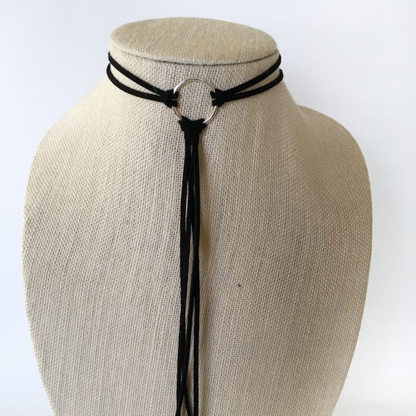 Black fringe suede leather choker necklace bolo, o ring choker, black choker necklace, fringe choker