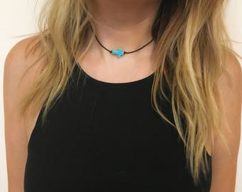 Turquoise cross choker necklace - black choker thin choker cord choker cross choker