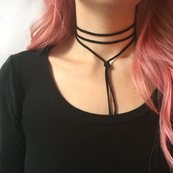 Black double wrap suede leather choker with knotted bolo, double wrap choker, black choker, bolo choker