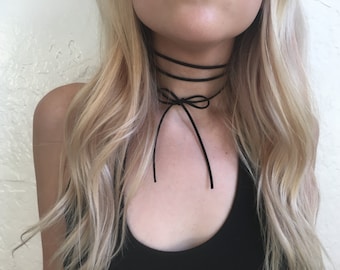 Black bow choker - suede choker leather choker bow necklace, tie choker, wrap choker, suede choker