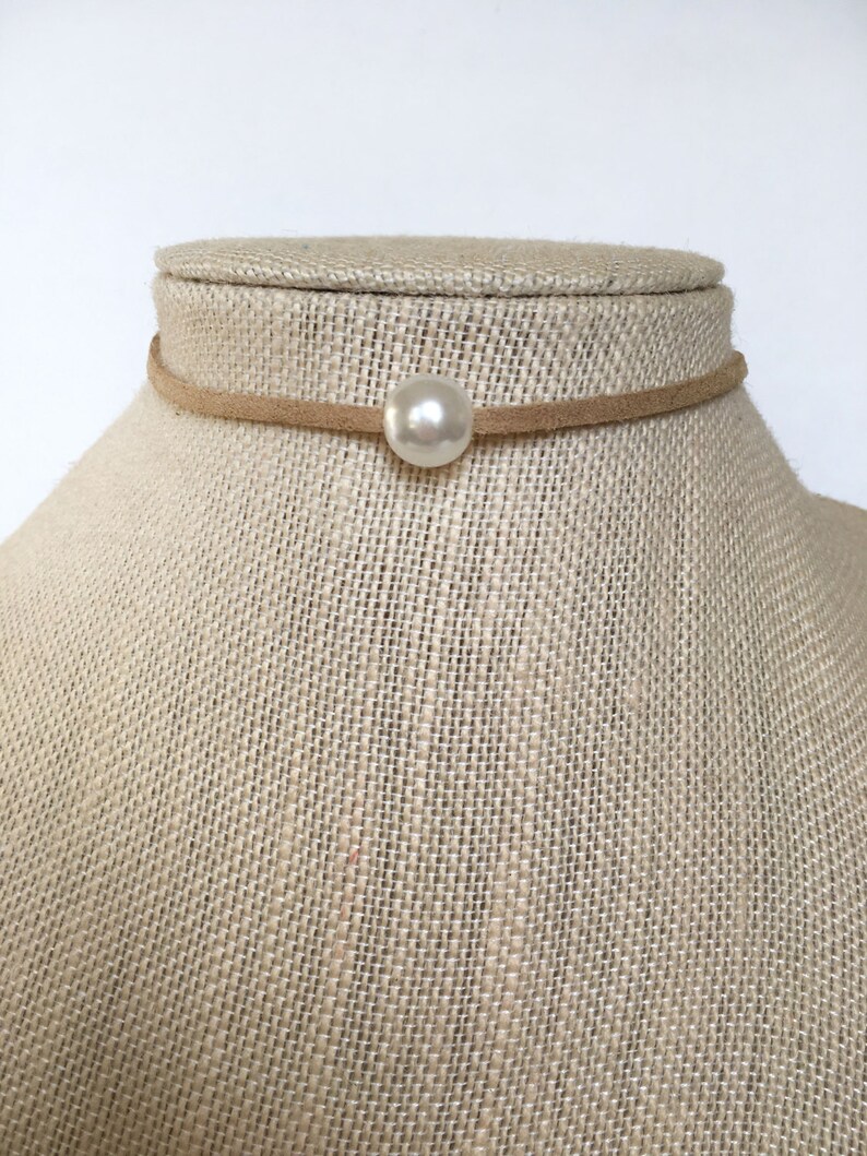 thin choker Tan large pearl choker necklace white pearl choker tan choker necklace leather choker