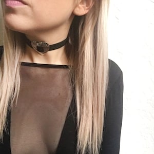 Black heart choker necklace concho -  thick black choker, thick choker, suede choker, leather choker
